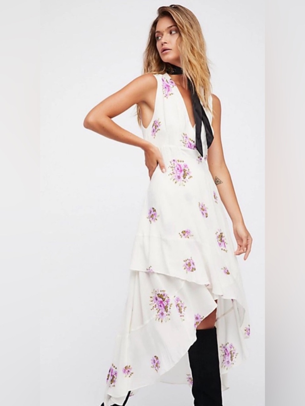 Free People BIRDIE Ivory Floral Purple Flower High-low Midi Summer Dress 8  AA19